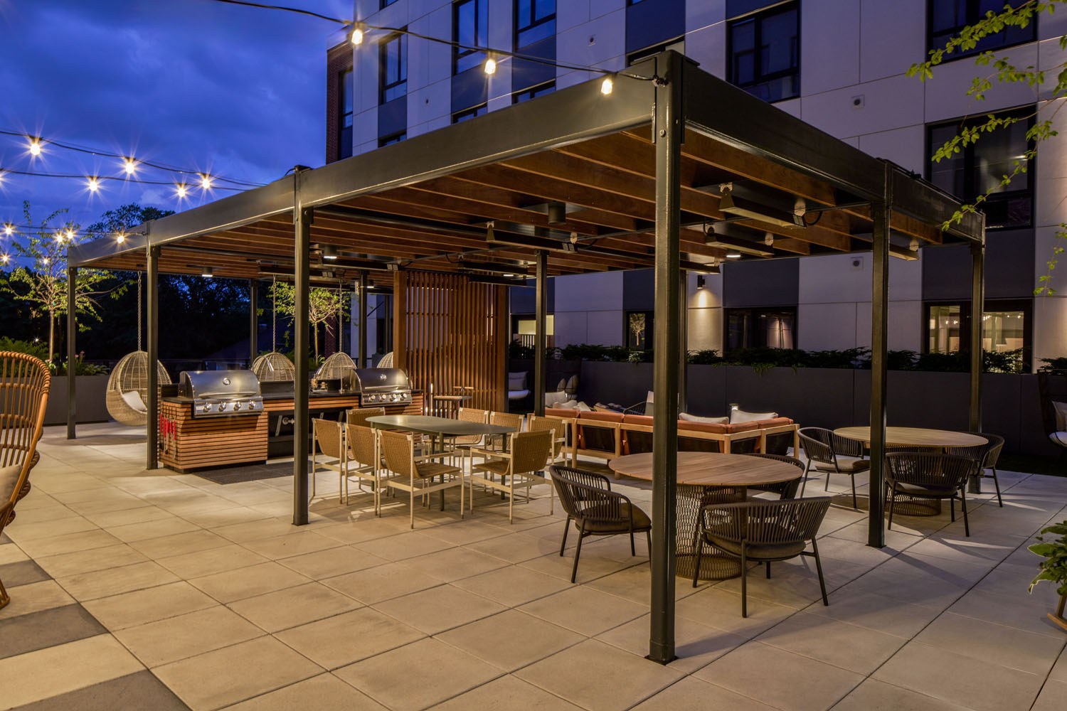 Outdoor terrace brightly lit in the evening