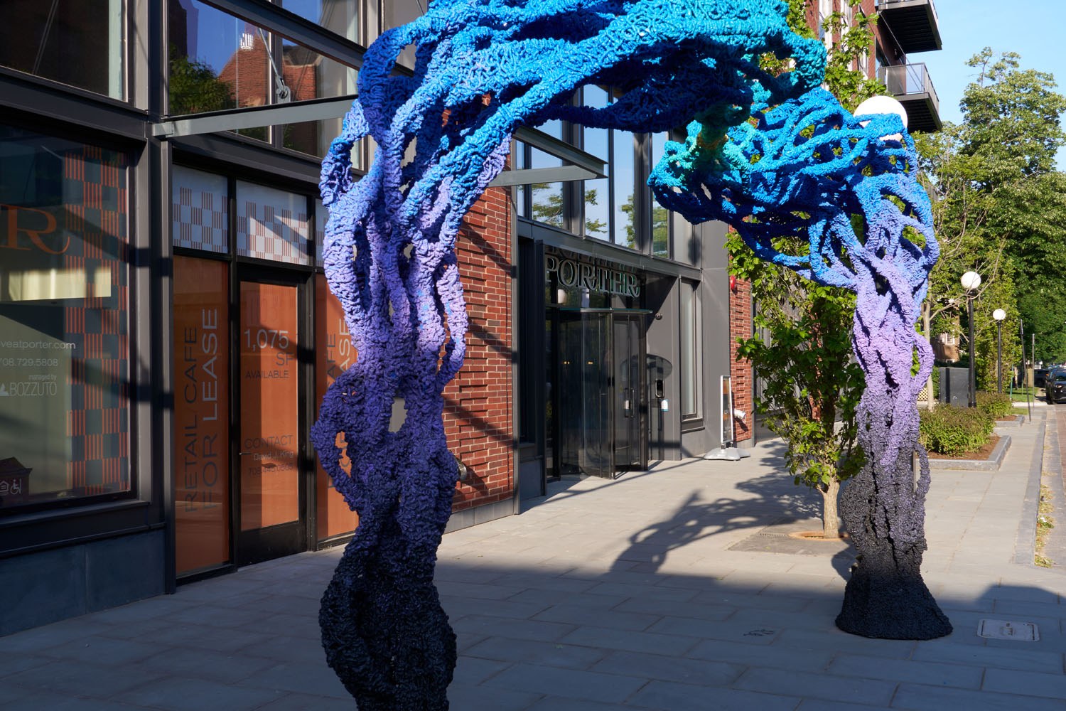 Sculpture at building entrance